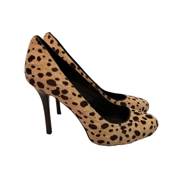 TORY BURCH Calf Hair Cheetah Print Leather Heels Shoes Women's 7M - Picture 1 of 11